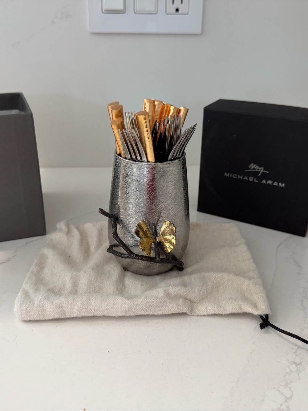 Michael Aram Silver Toothpick Holder with Gold Ginkgo Accent